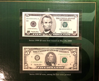 $5 PREMIUM HISTORICAL PORTFOLIO, 1995 & 1999 UNCIRCULATED NOTES IN BEP FOLDER - Image 1 of 4