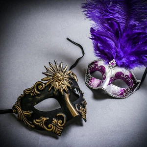 Black Gold Greek & Silver MardiGras Eye Mask w/ Top Purple Feather Couple Masks - Picture 1 of 1
