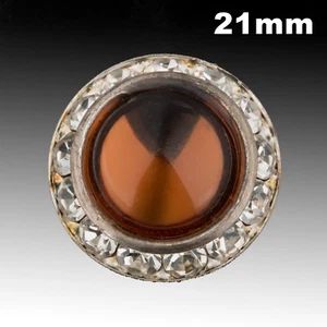 Vintage Silver Metal Button w/ Brown Domed Cabochon & Rhinestones 21mm 40021021 - Picture 1 of 2