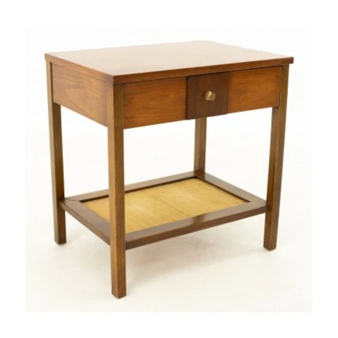 Paul McCobb Style Mid Century Walnut Brass Grasscloth Nightstand Side End Table Cover