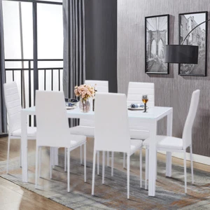White High Gloss Glass Dining Table Set and 6 Faux Leather Chairs Kitchen Seats - Picture 1 of 7