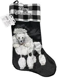 New Dog Christmas Stocking "Furry Christmas” Black White Plaid French Poodle - Picture 1 of 7