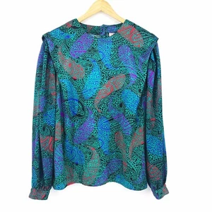 Vintage 1980er Jahre Tess Bluse Gr. L blaugrün lila Schulter plissiert langärmelige Knöpfe - Bild 1 von 11