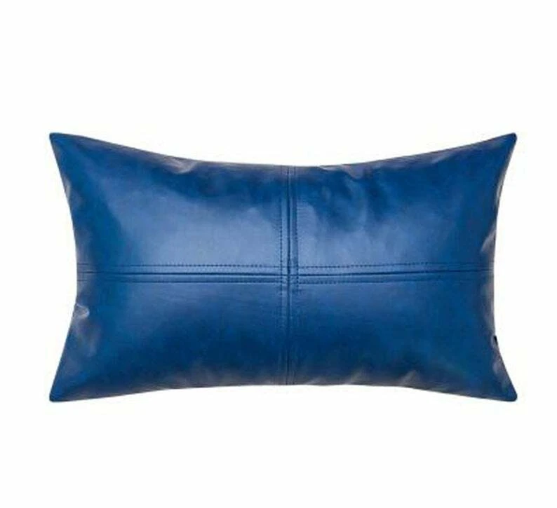 Pillow Cover Leather Blue Cushion Genuine New Decorative Throw Pillows - Image 1 of 3