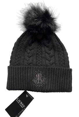Ralph Lauren Mujer Logo en Estrás Cable Gorro Puño Sombrero con Pompón Negro $58 Foto 1 de 4