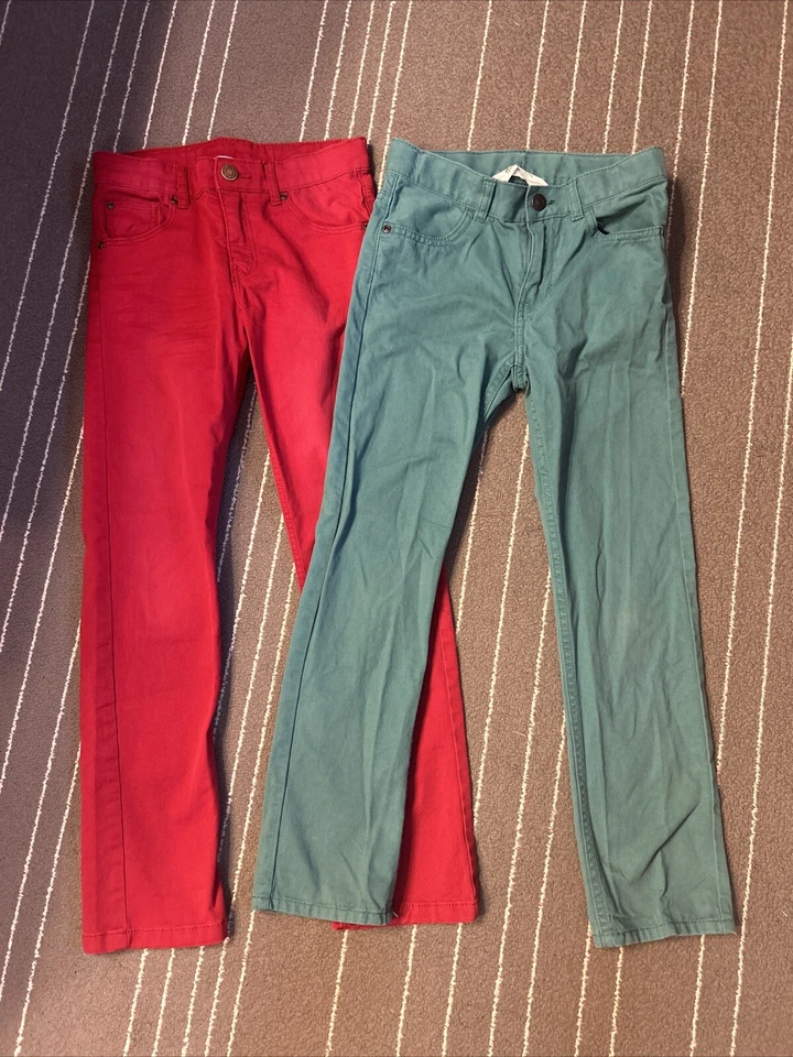 Lote de (2) Pantalones Cintura Ajustable 100% Algodón Rojo Teal H&M Niñas Nuevos sin Etiquetas Talla 7-8 Foto 1 de 3