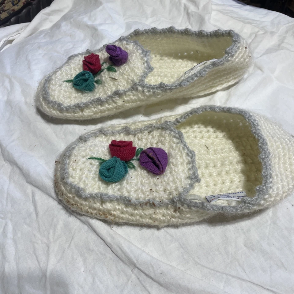 NOS 复古 80 年代钩针针织拖鞋袜莫卡辛 Cottagecore 波西米亚 — 第 1/4 张图片