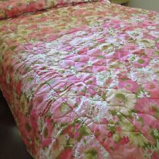 Vtg Full Quilted Bedspread w Curtains Charming Pink & Green Floral 88 x 104"