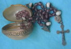 19thC 1880/90 SILVER & AMETHYST COLOR GLASS BEADS ROSARY mother of pearl egg box