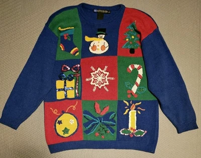 Vtg 90's I.B DIFFUSION Sz L Color Block Holiday Motif Christmas Tunic Sweater  - Image 1 of 4