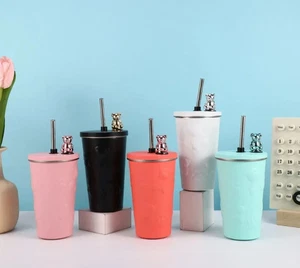 Coffee Mug Insulated Thermal Stainless Steel Hot / Cold Drinks Flask Straw & Lid - Picture 1 of 27