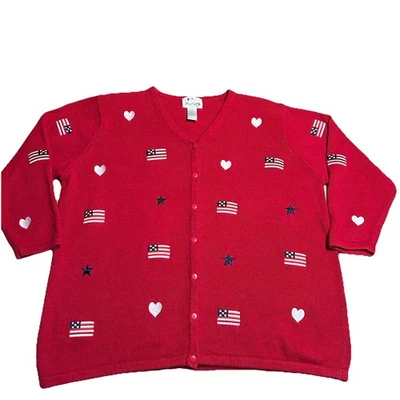 Cárdigan Suéter The Quacker Factory Bandera Americana Estrellas Rojas y Rayas Corazones 1X Foto 1 de 4