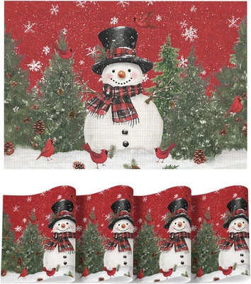 4Set Snowman Trees Winter Floral Vinyl Placemats Wipeable Red Christmas PVC Wove - Image 1 of 4
