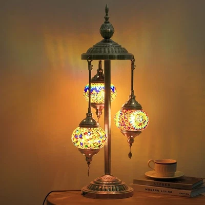 Turkish Mosaic Table Lamp w/ 3 Glass Globes Home Decor Mood Lighting, Metal Base - Image 1 of 4