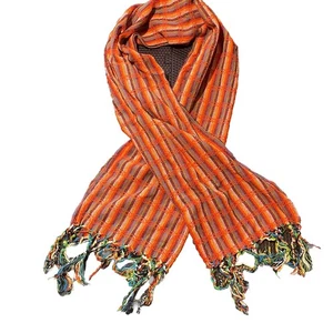 Mexican Cotton Fringed Rebozo Wrap Shawl Woven Pattern 70”x23”Yellow Rainbow - Picture 1 of 4