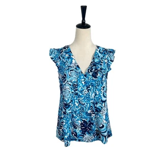 Lilly Pulitzer Joan Top Volantes Resort Blanco Azul Increíble Vacaciones Talla Pequeña - Imagen 1 de 6