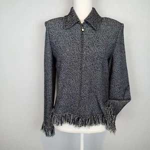 St John Jacket Black White fringe Sz 6 blazer cardigan sweater zip - Picture 1 of 12
