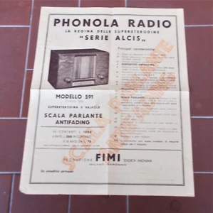 Brochure pubblicità RADIO PHONOLA SERIE ALCIS Modello 591 FIMI depliant - Picture 1 of 1