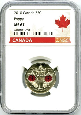 2010 CANADA 25 CENT NGC MS67  UNC POPPY QUARTER COLORIZED WWII 65TH ANNIVERSARY - Image 1 of 2