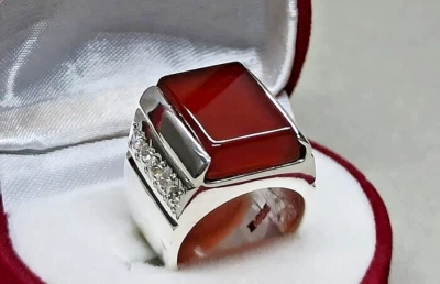 Anillo de piedra para hombre de ágata verde o roja de ónix negro sólido real de plata de ley 925 Foto 1 de 4