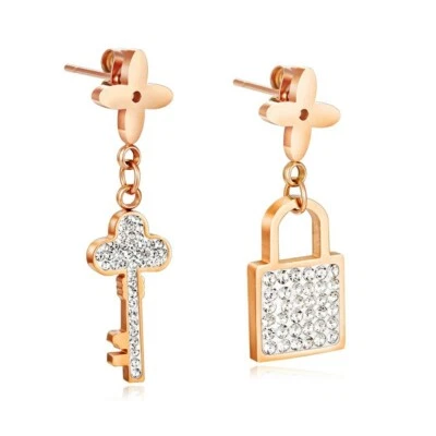 Lock & Key Mismatch Earrings CZ Women Jewelry Surgical Steel Rose Gold Plated - Image 1 of 4