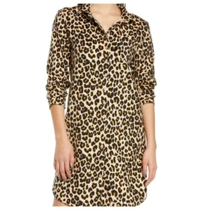 NORDSTROM COTTON FLANNEL SLEEP SHIRT TAN SHORE LEOPARD SIZE SMALL NWOT - Picture 1 of 2