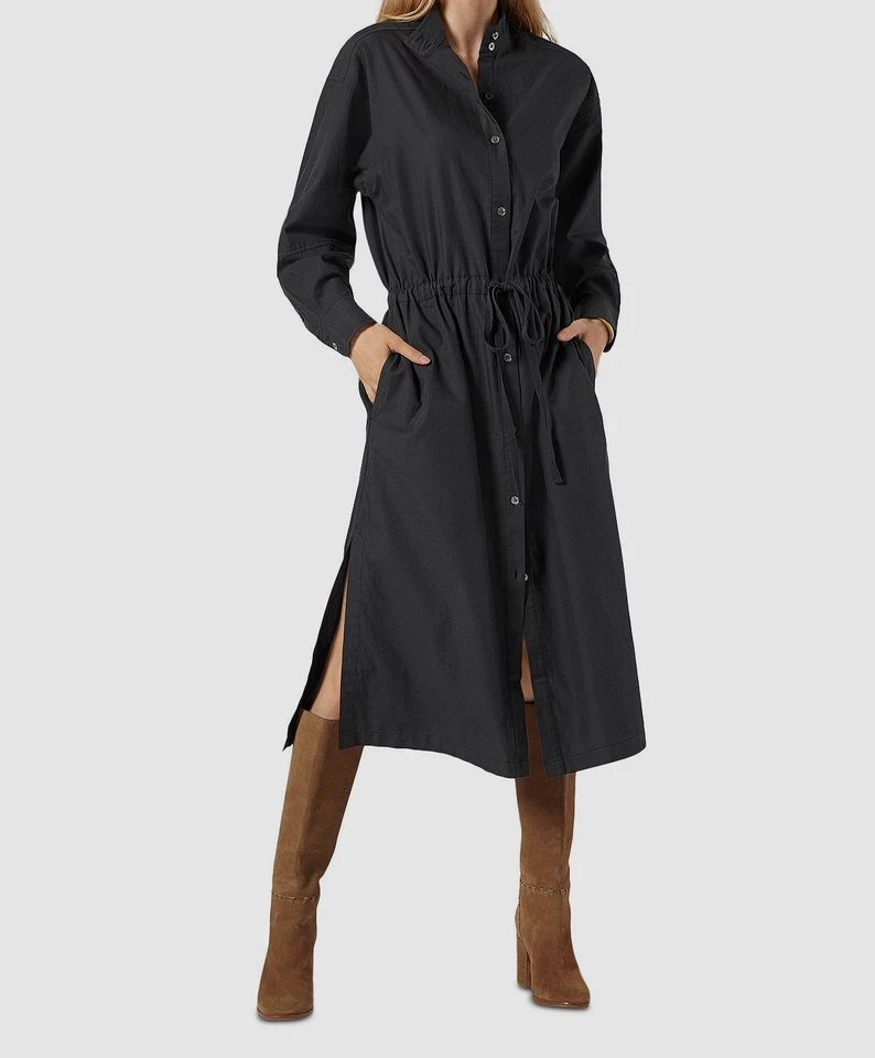 Joie Women's Black Adrine Long Sleeve Cotton Midi Shirt Dress Size Large