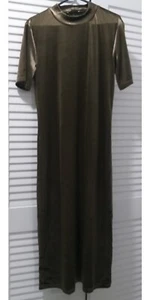 Zara Velvet Dress Mock Neck Short Sleeve Midi Khaki Size L - Picture 1 of 7