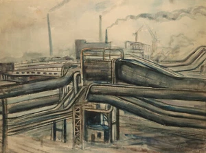 Vintage original watercolor painting landscape factory signed - Picture 1 of 13