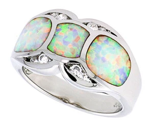 Fine Women Sterling Silver Rhodium Plated, Opal Inlay Band CZ stone Accents 12mm - Picture 1 of 1