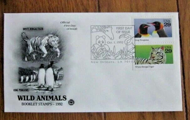 KING PENGUINS & WHITE BENGAL TIGER  1992 PCS  CACHET FDC UNADDRESSED - Image 1 of 1