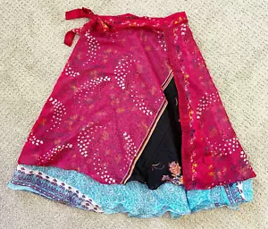Indischer Sari Wickelrock One Size rosa rot schwarz blau Festival Boho Hippie Blumen - Bild 1 von 11