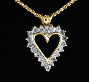 NATURAL ROUND DIAMOND OPEN HEART PENDANT W/ SOLID 14K YELLOW GOLD CHAIN NECKLACE - Picture 1 of 7