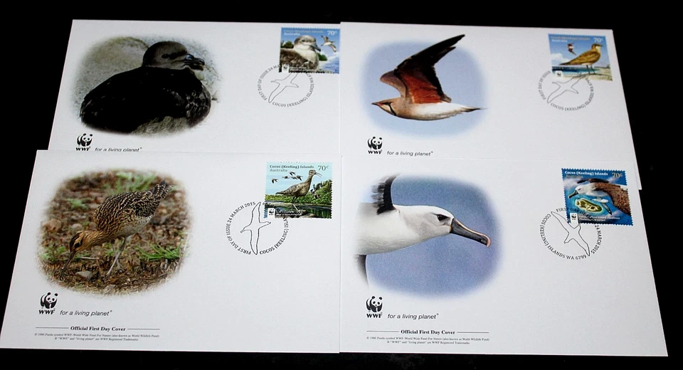 COCOS-KEELING ISLAND 2015 WWF, JUEGO DE 4 AVES VISITANTES EN 4 CUBIERTAS DE PRIMER DÍA WWF Foto 1 de 1