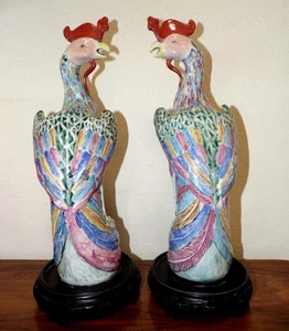 14 INCH PAIR OF ANTIQUE CHINESE FAMILLE ROSE HAND PAINTED PORCELAIN ROOSTERS - Picture 1 of 13