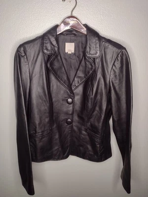 Halogen Women Leather Jacket Blazer Button Large Black Collar y2K Goth WW - Image 1 of 4