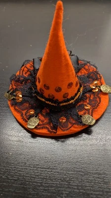 Handmade Felt Witch Hat Hair Clip for Halloween - Orange with Black Details - Image 1 of 4