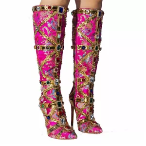 Damen-Stiefel spitz zulaufend hohe Absätze handgefertigt Strass-Stickerei kniehohe Gr. - Bild 1 von 26