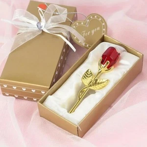Rote kleine Kristall Rose Glas Blume Figur goldenes Blatt Stiel Dekoration Geschenk - Bild 1 von 7