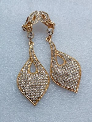 Ohrringe Strass Goldfarben Blätter-Form Clip Kronleuchter Modeschmuck M2 - Bild 1 von 4