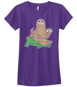 Sloth Riding Turtle Girls Fitted T-Shirt Funny Animal Humor Gift - Picture 1 of 5