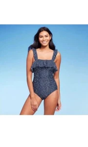 Kona Sol Women's Ruffle Full Coverage One Piece Swimsuit Blue Polka Dot Size 22 - Picture 1 of 6