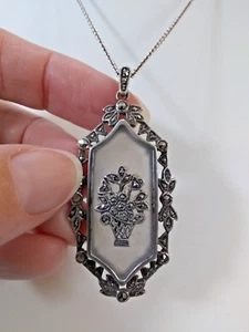 Art Deco Pendant Necklace Germany Sterling Silver Marcasites 1920s Camphor Glass - Picture 1 of 8