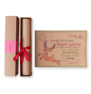 PERSONALISED REINDEER ADOPTION CERTIFICATE FAMILY CHRISTMAS IN SCROLL BOX - Picture 1 of 2