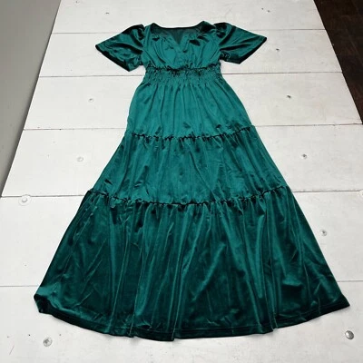 Emerald Green Velvet Long Maxi Dress Short Sleeve Tiered Fit Flare Womens Size S - Image 1 of 4