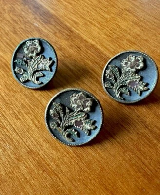 Antique Victorian Metal Brass Floral Enamel Painted Shank Button Lot Set Of 3 - Image 1 of 4