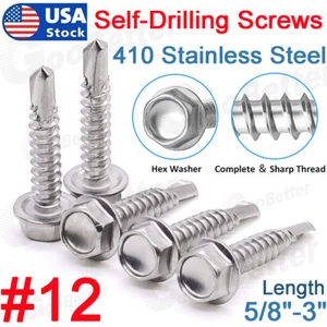 #12 Hex Washer Head Self Drilling Sheet Metal Tek Screws 410 Stainless Steel UNC - Picture 1 of 15