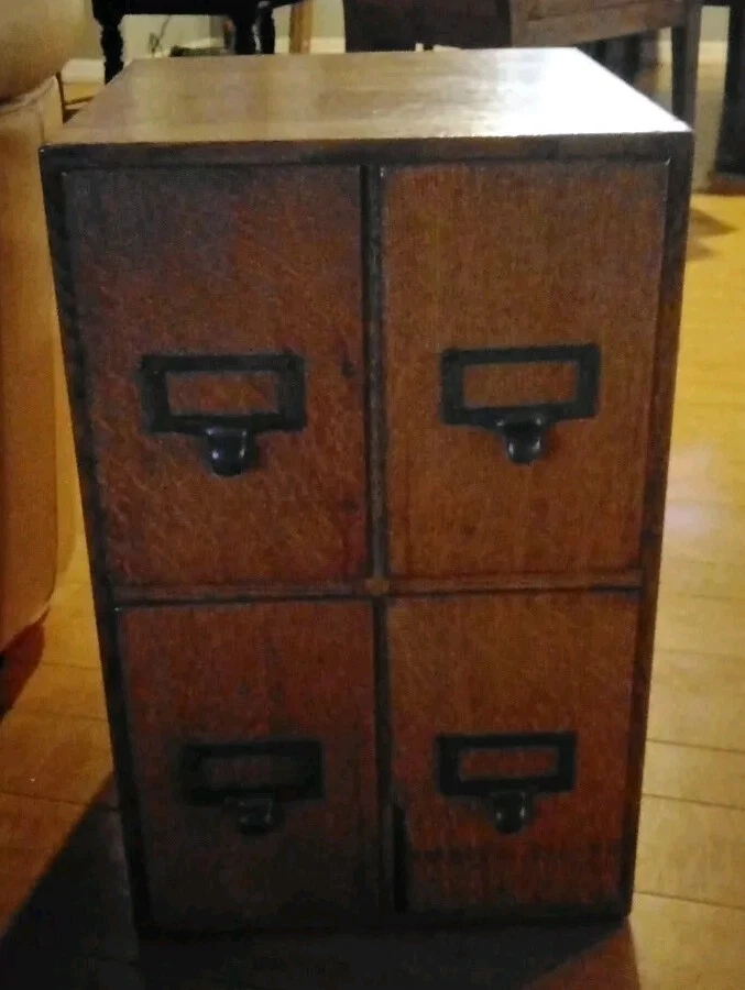 Antique Tiger Oak 4 Drawer library Card Catalog File Cabinet brass pulls vintage - Image 1 of 4