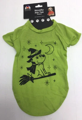 Perro Bruja En Una Escoba HALLOWEEN T-Shirt Ropa Talla Mediana Verde Foto 1 de 4