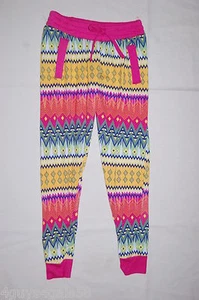 Girls Knit Pants HOT PINK Gold Teal White FUNKY ZIG ZAG PATTERN Casual XS S M L - Picture 1 of 1